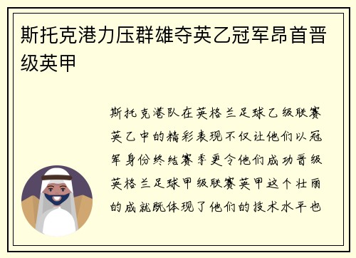 斯托克港力压群雄夺英乙冠军昂首晋级英甲