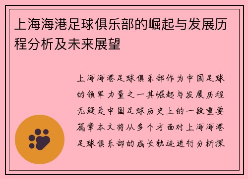 上海海港足球俱乐部的崛起与发展历程分析及未来展望